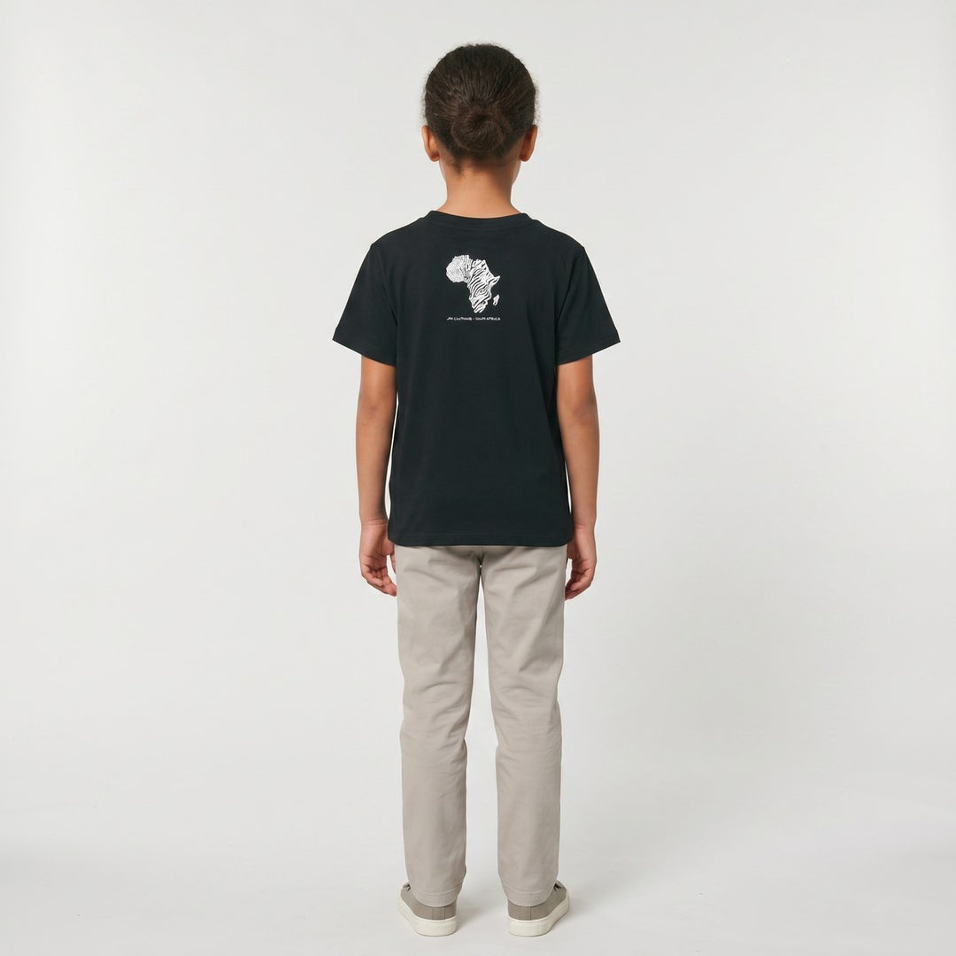 Black Africa Animal Map T-Shirt with a white zebra print of the African continent on the back for kids.