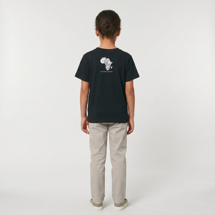 Black Africa Animal Map T-Shirt with a white zebra print of the African continent on the back for kids.