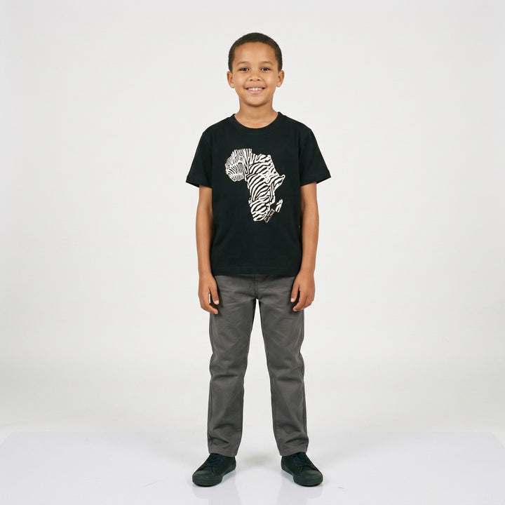 Black Africa Animal Map T-shirt featuring a white zebra print outline of the African continent. View shows the front of the