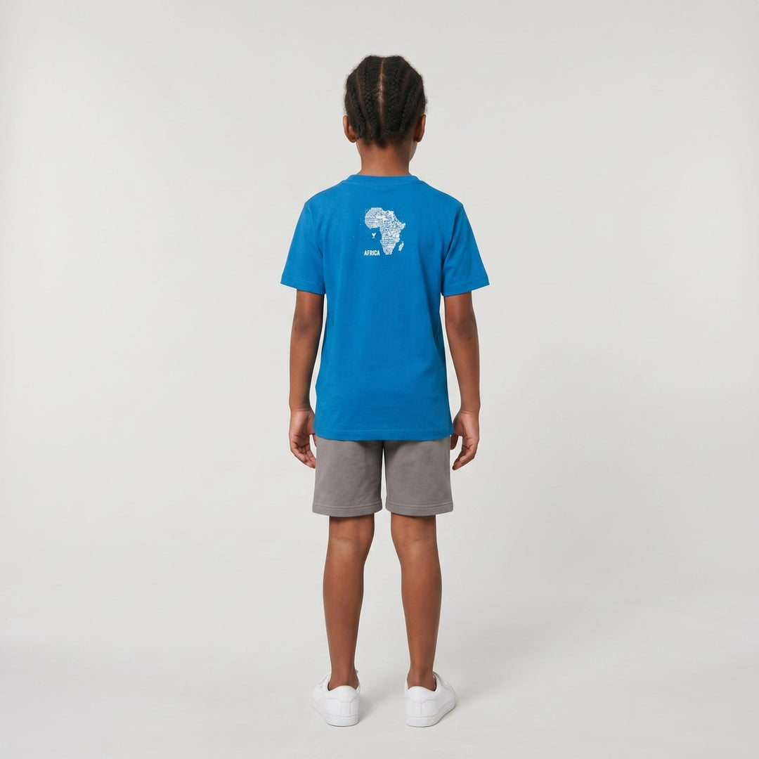 Back view of a turquoise Africa Animal Map T-Shirt for children, featuring a white graphic of the African continent composed