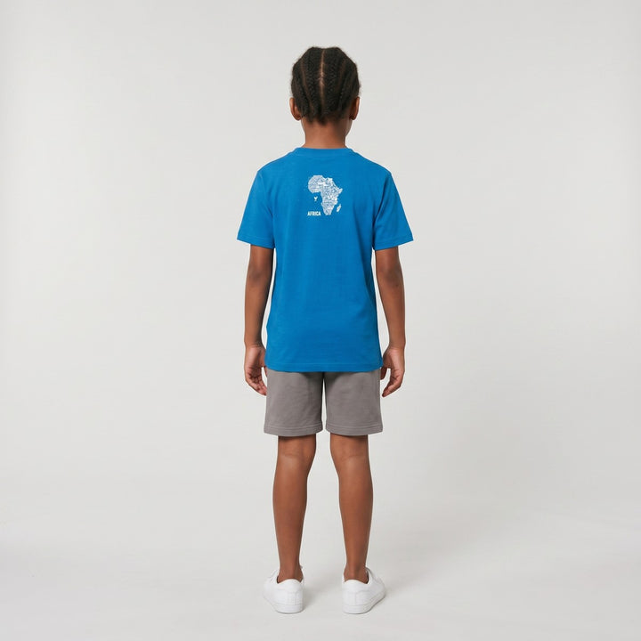 Back view of a turquoise Africa Animal Map T-Shirt for children, featuring a white graphic of the African continent composed