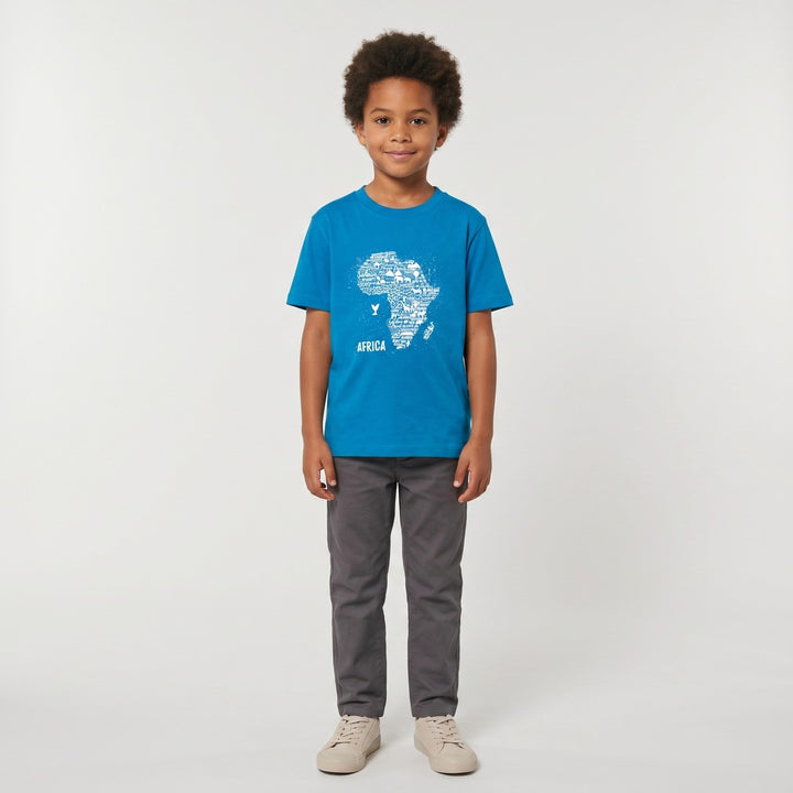 Turquoise blue T-shirt featuring a white graphic map of Africa filled with animal silhouettes and text, front view.