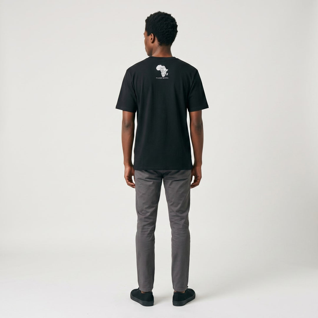 Black Africa Map T-Shirt featuring a white outline map and "MR SLOWSTAR - SOUTH AFRICA" text printed on the back, made from