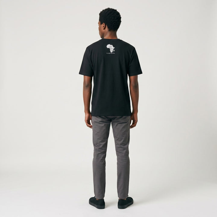 Black Africa Map T-Shirt featuring a white outline map and "MR SLOWSTAR - SOUTH AFRICA" text printed on the back, made from