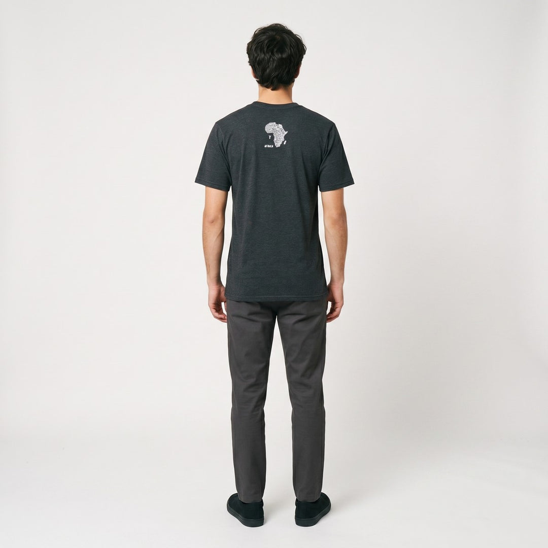 Dark gray heather Africa Map T-shirt, back view, featuring a white graphic of the African continent and &
