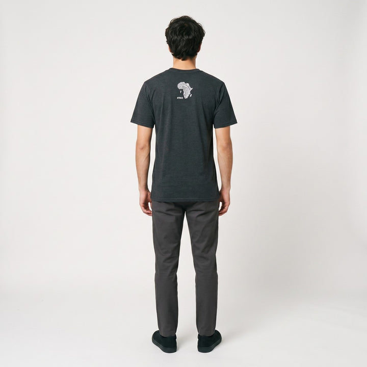 Dark gray heather Africa Map T-shirt, back view, featuring a white graphic of the African continent and &