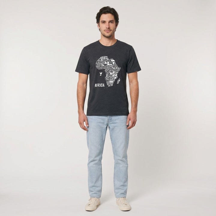 Black Africa Map T-Shirt featuring a detailed white graphic of the African continent with various place names and animal