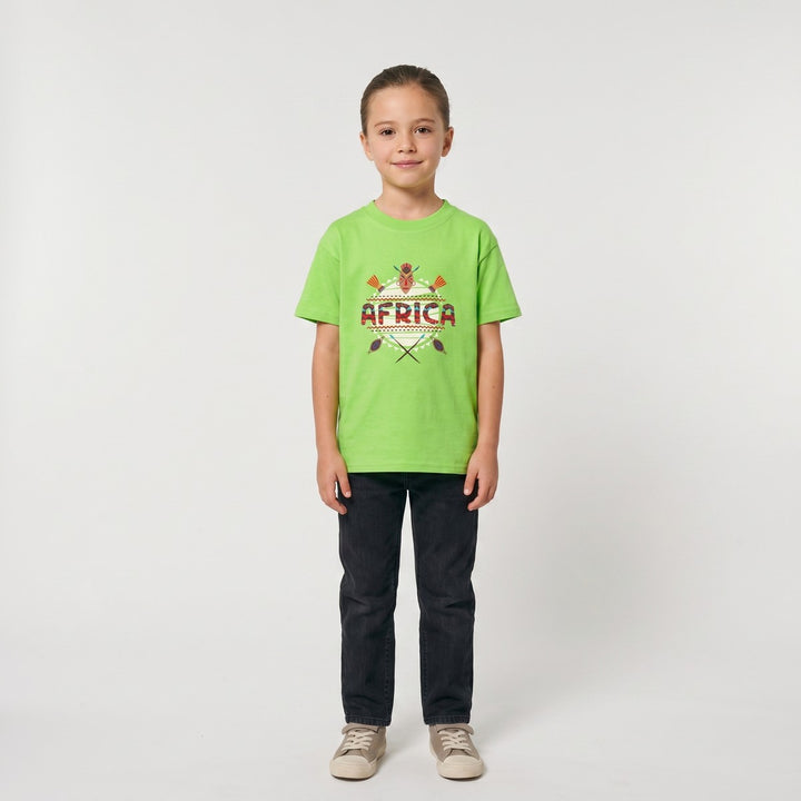 Front view of a lime green Africa t-shirt for children, featuring a vibrant graphic print of the word &