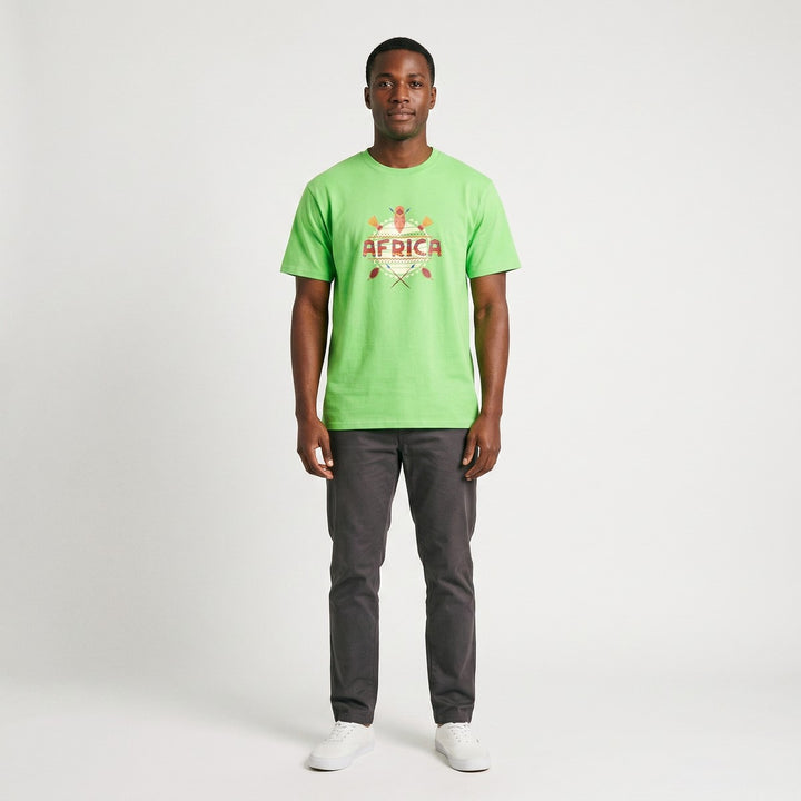 Front view of a vibrant lime green short sleeve t-shirt with a prominent &