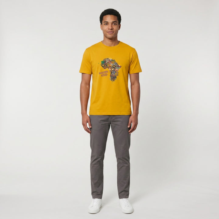 Front view of a mustard yellow Amazing Africa T-shirt featuring a vibrant graphic print of the African continent with