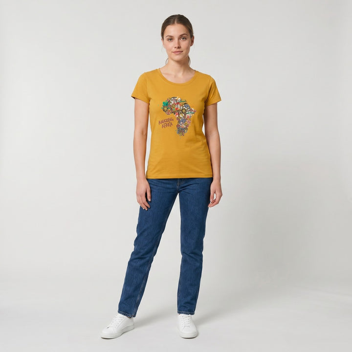 Amazing Mustard T-Shirt for children, featuring a vibrant and detailed graphic print of the Africa map with diverse motifs,