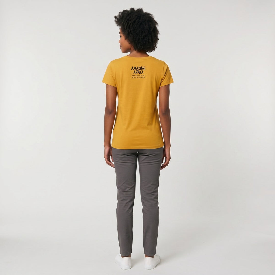 Back view of a mustard yellow short-sleeve Amazing T-Shirt made from cotton, featuring a black &