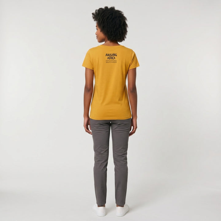 Back view of a mustard yellow short-sleeve Amazing T-Shirt made from cotton, featuring a black &