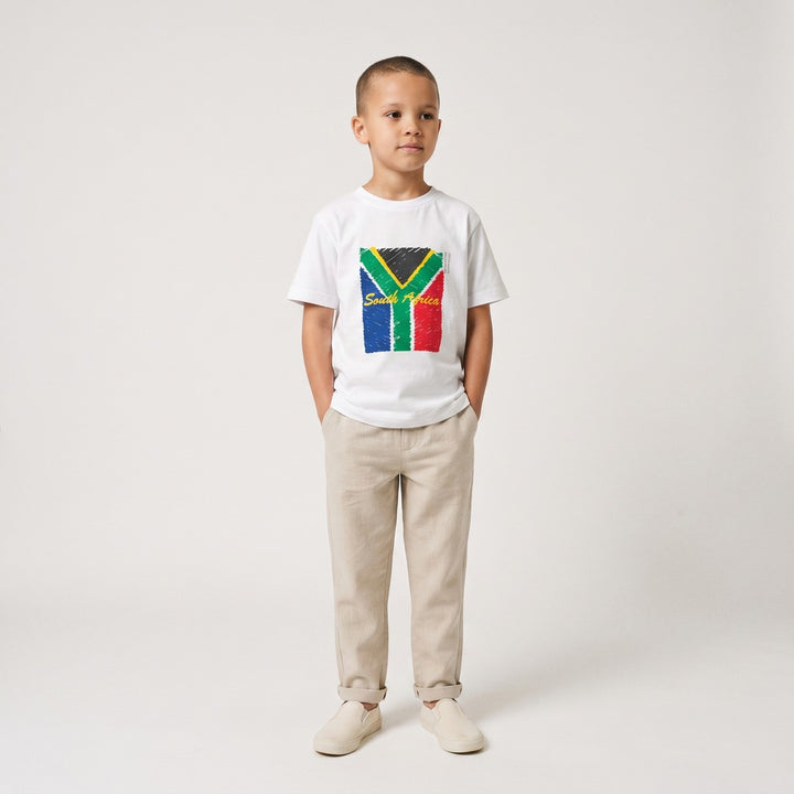 White Anthem T-shirt for kids, featuring a distressed South African flag graphic with &