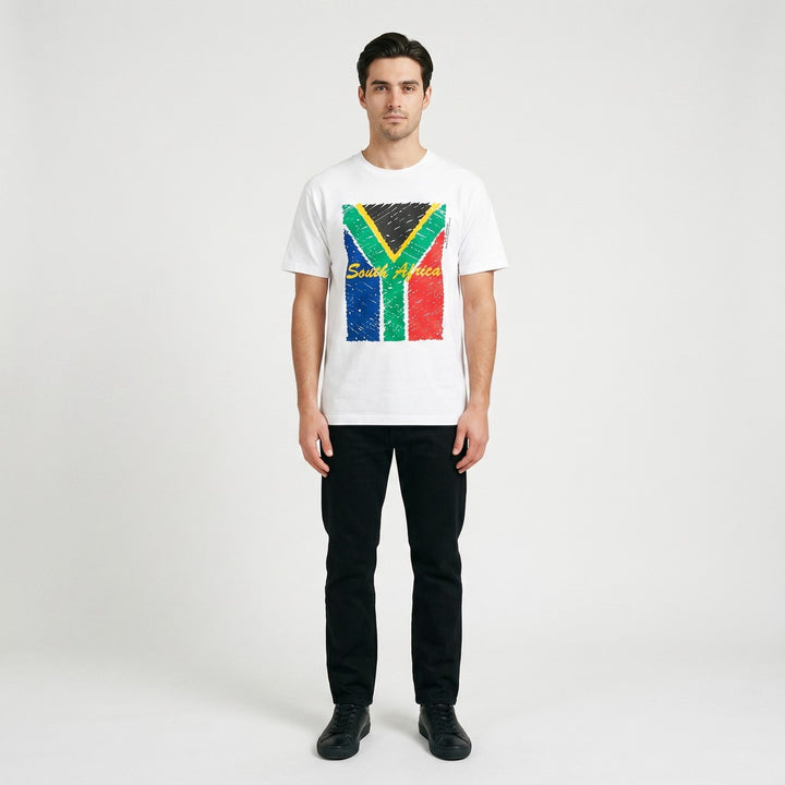 White Anthem T-shirt featuring a distressed South African flag graphic with &