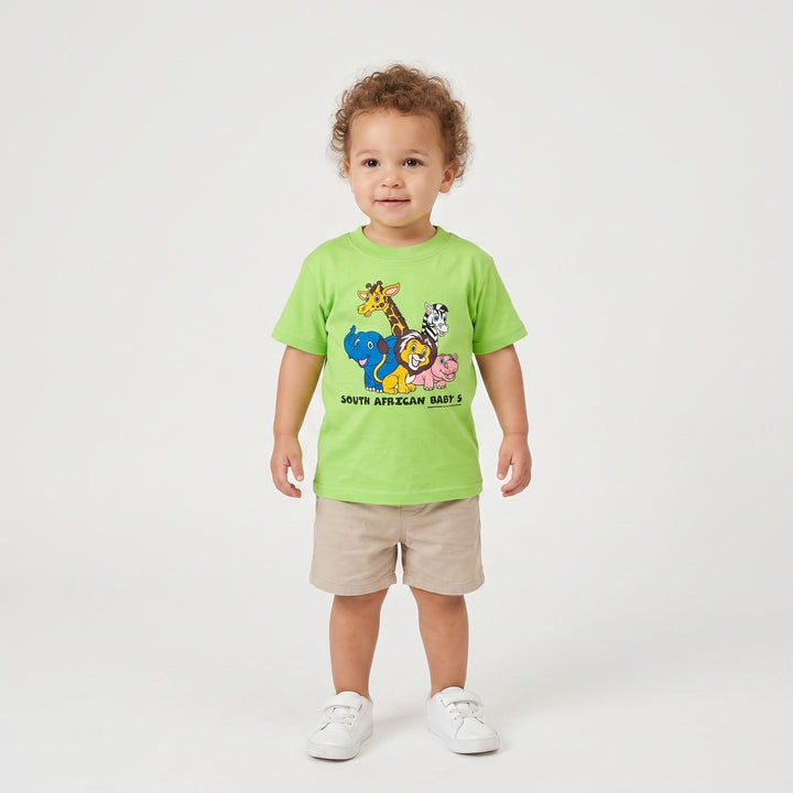 Lime green Baby 5 T-Shirt featuring a colorful graphic print of cartoon safari animals including an elephant, giraffe, lion,