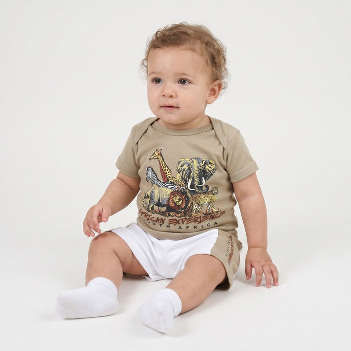 Big 5 Adventure 2 Piece Set for infants, featuring a beige t-shirt with a colorful African safari animal graphic print and