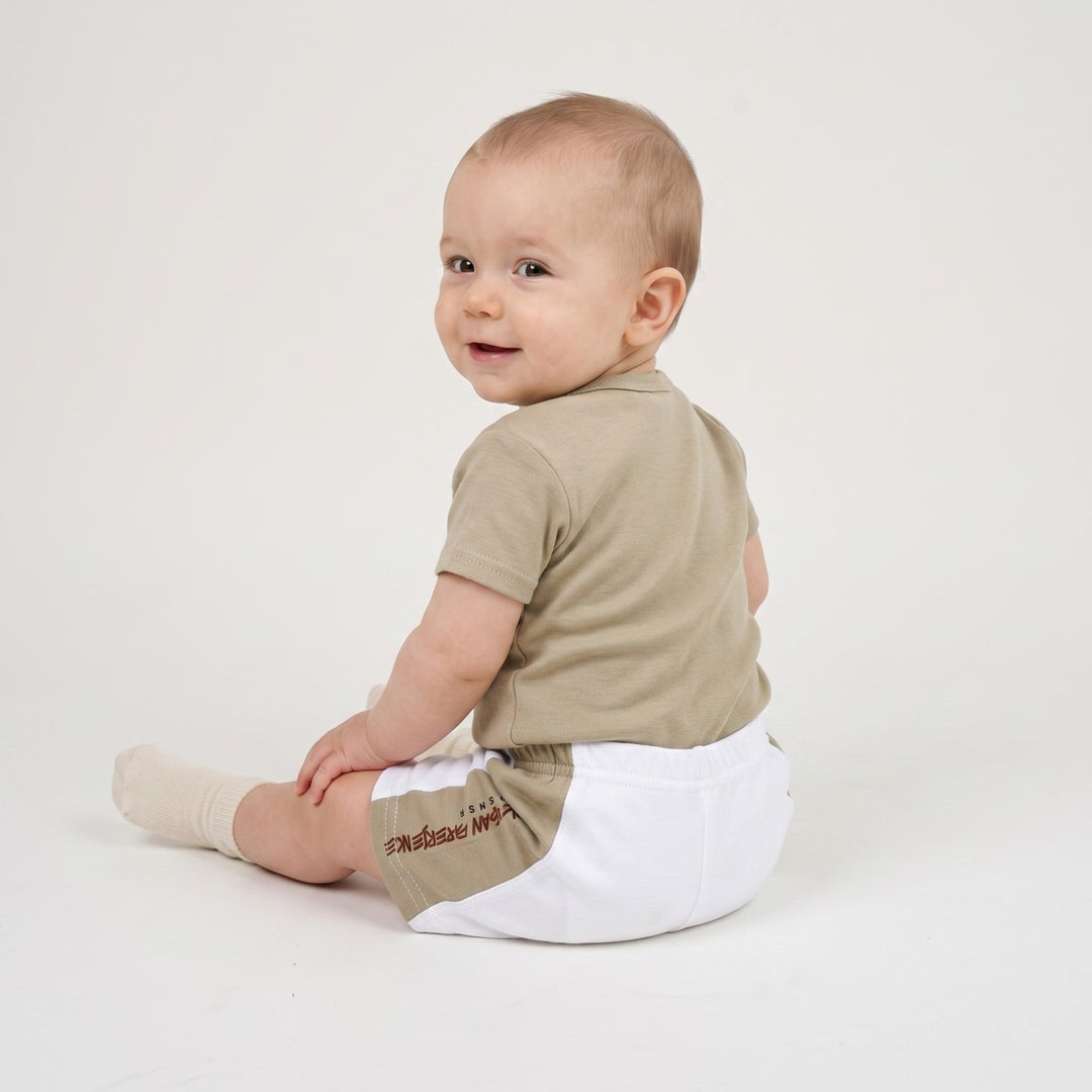 Big 5 Adventure 2 Piece Set for infants, featuring a khaki t-shirt and matching shorts with a white panel.