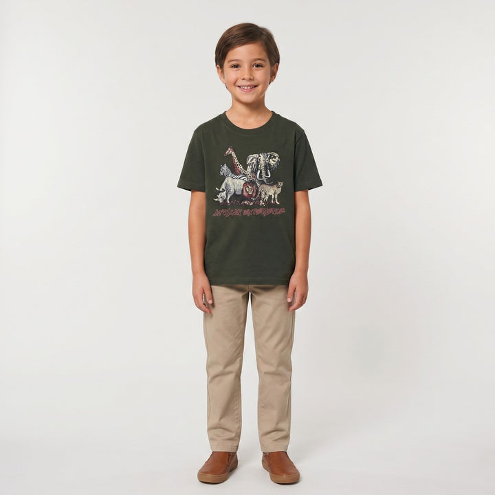 Olive Big 5 Adventure T-shirt with a vibrant graphic of African safari animals and &