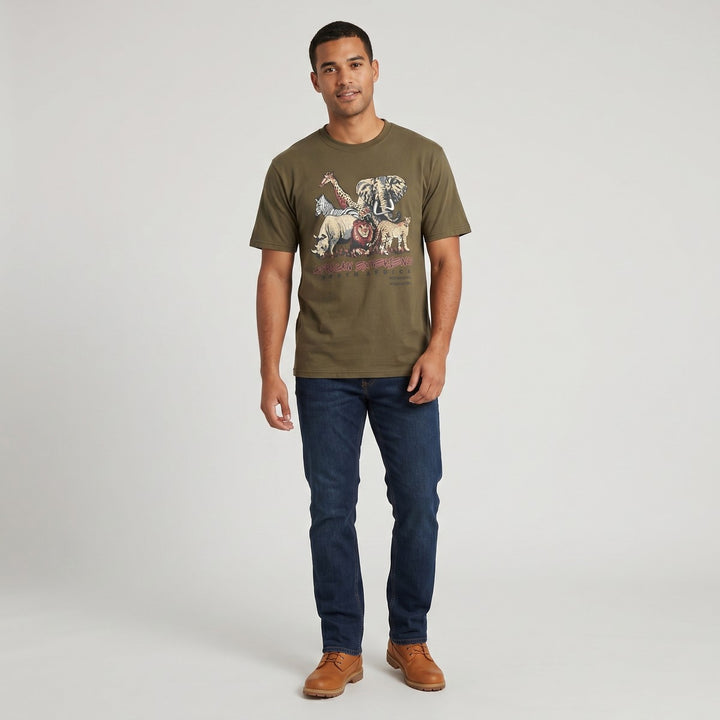 Olive Big 5 Adventure T-shirt featuring a vibrant graphic print of African safari animals like elephants, giraffes, and