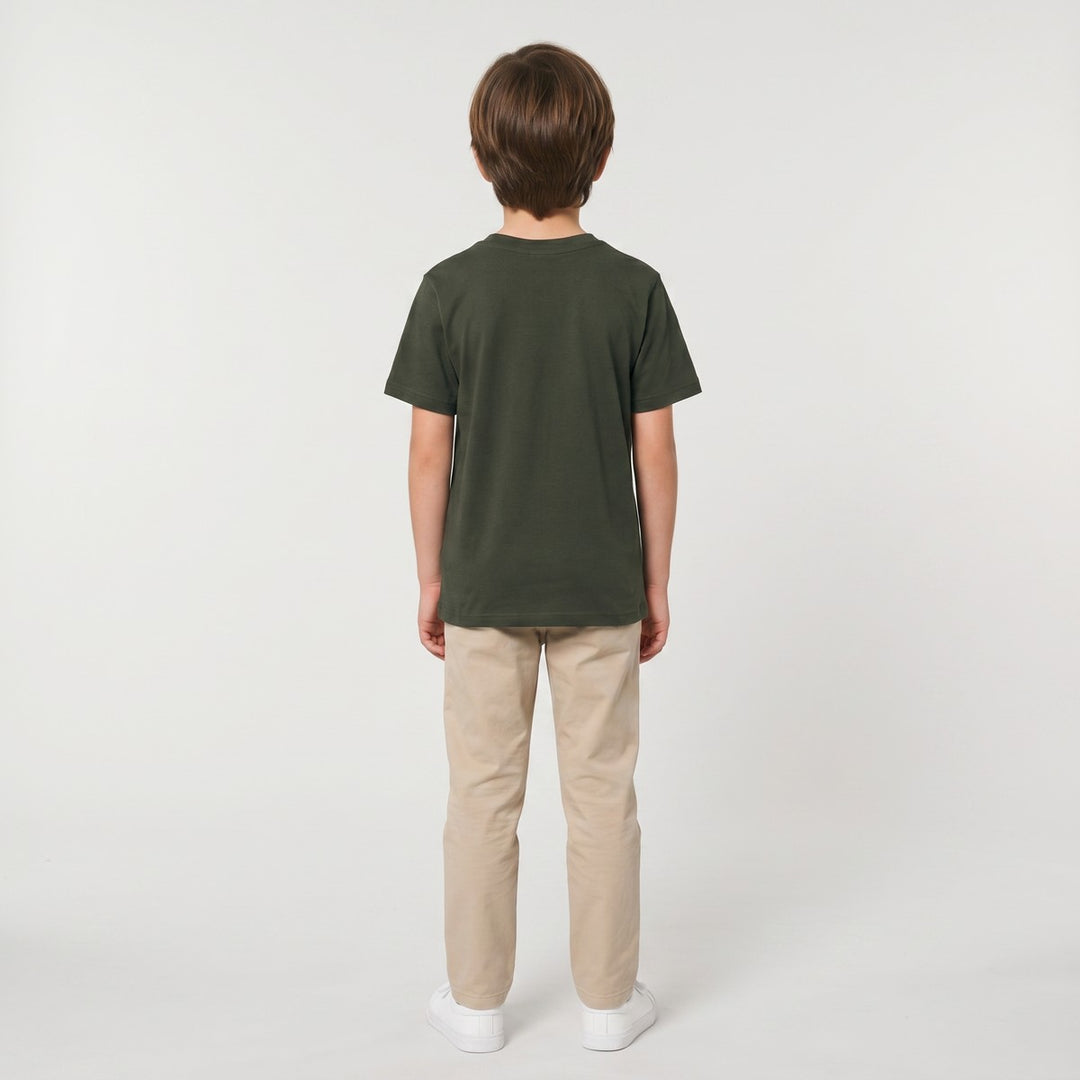 Back view of an olive green Big 5 Adventure T-Shirt for children, featuring short sleeves and a smooth fabric. Photographed