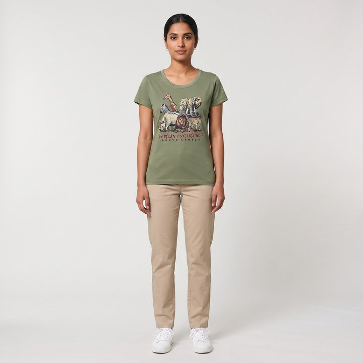 Olive green short-sleeve Big 5 Adventure T-shirt for women, featuring a large graphic print of African safari animals.