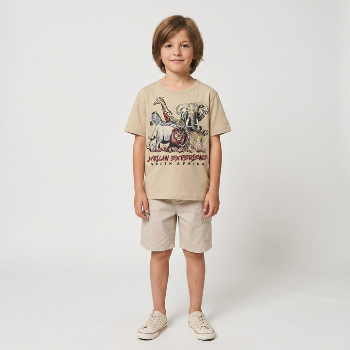 Stone Big 5 Adventure T-Shirt, front view, with a graphic print of African safari animals. Includes elephant, lion, zebra,