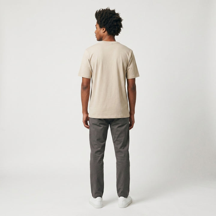 Big 5 Adventure T-Shirt in stone color, made of soft cotton, shown from the back view on a white background.