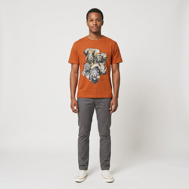 Rust orange Big 5 Plain T-Shirt for men, featuring a detailed graphic print of African Big 5 animals. Front view, made of