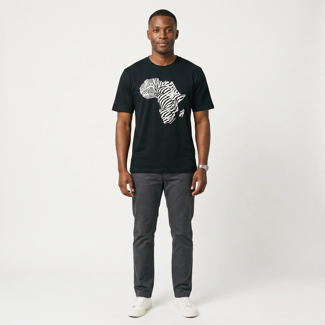 Black Africa Map T-Shirt with a distinctive white zebra-print map design and &