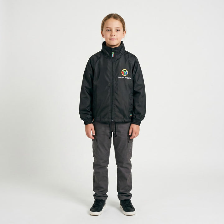 Black Drimac Jacket with long sleeves and a full zip, featuring a colorful South Africa logo on the left chest.