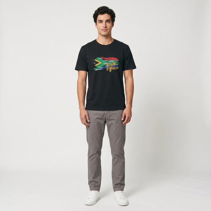 Black short-sleeve t-shirt with a colorful South African flag graphic and &