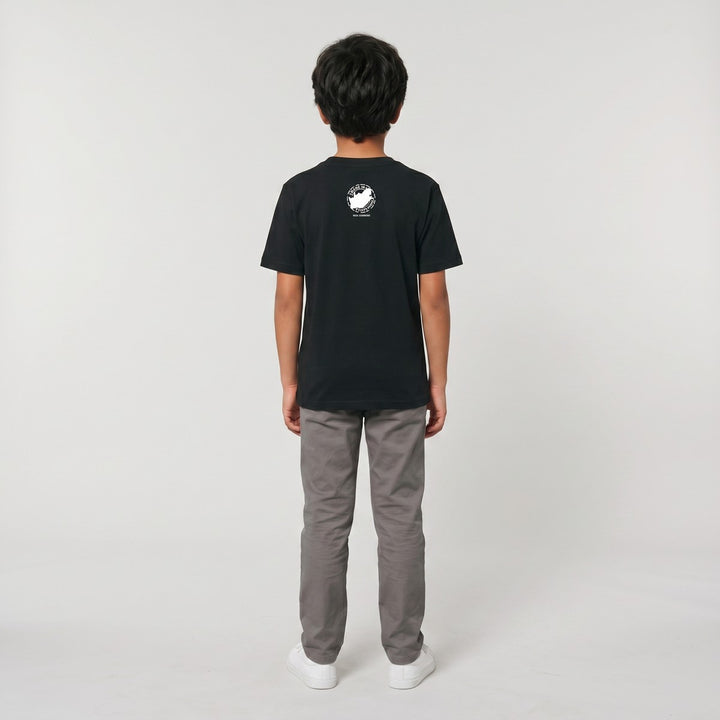 Black Thumbprint T-shirt, seen from the back, featuring a white circular &