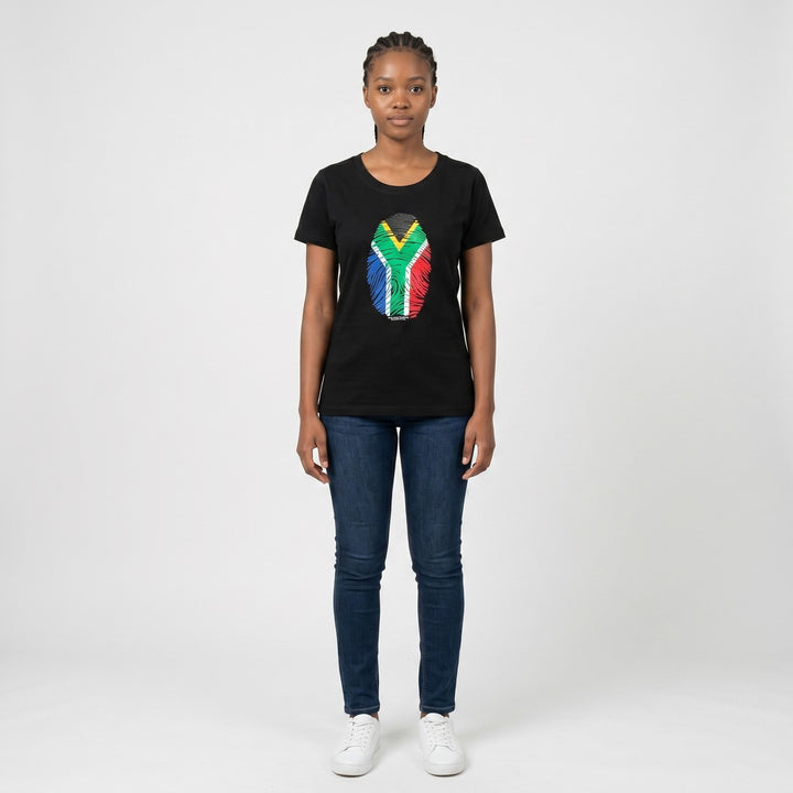 Black short-sleeve t-shirt featuring a vibrant South African flag fingerprint graphic on the front, suitable for casual wear.