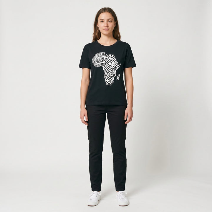 Black short-sleeved t-shirt featuring a distinctive white zebra-stripe map of Africa print on the front, ideal for casual