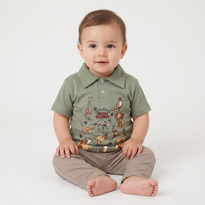 Olive green short-sleeve Bushbaby Golfer polo shirt for infants, featuring South African animal graphics.