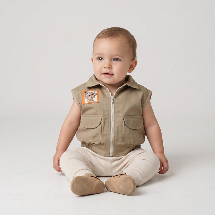Khaki tan Bushbaby jacket, a sleeveless canvas vest with a full front zipper, two flap pockets, and an orange &