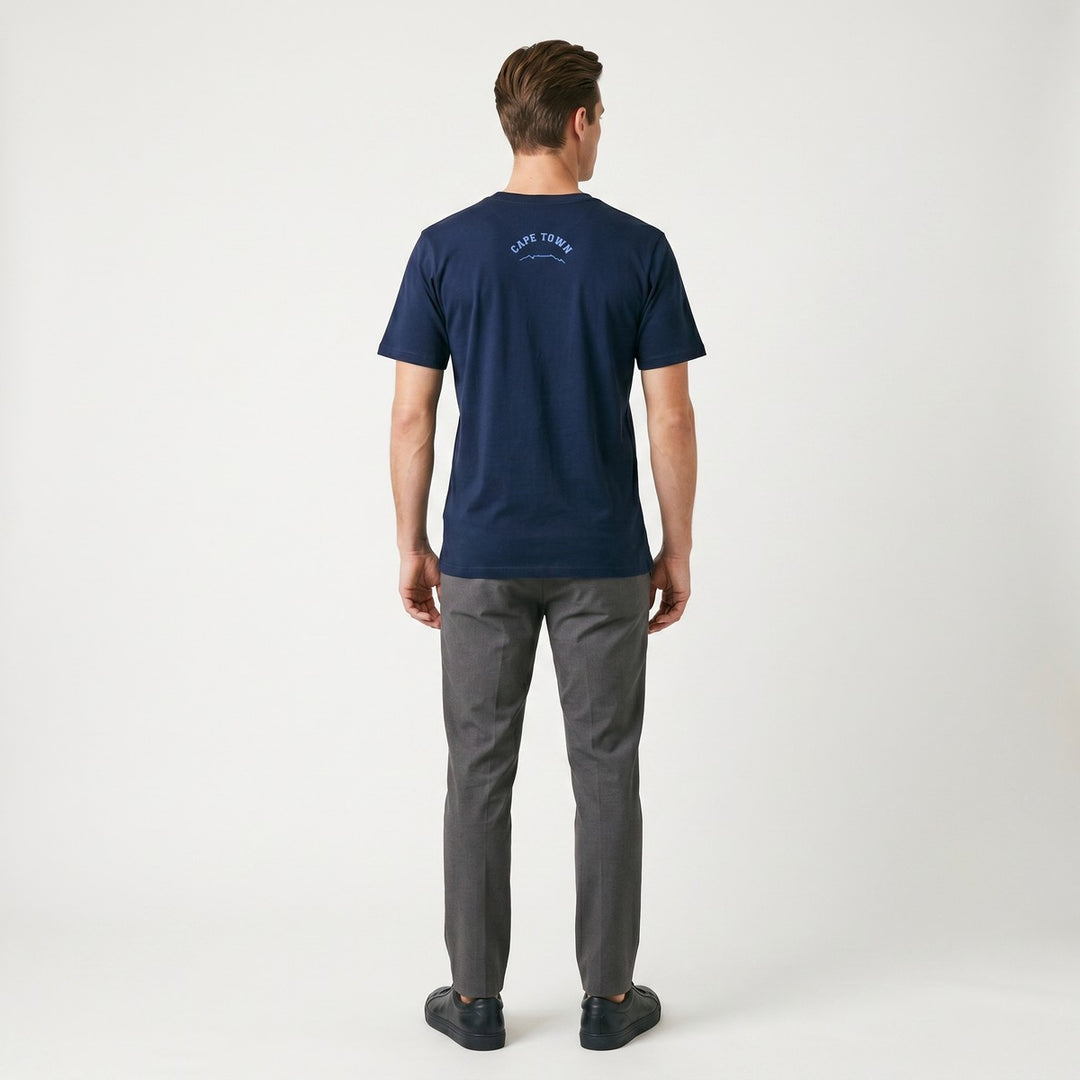 Navy blue short-sleeve t-shirt featuring a light blue &
