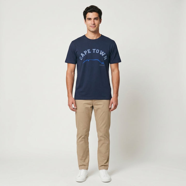 A navy blue short-sleeve t-shirt featuring a &