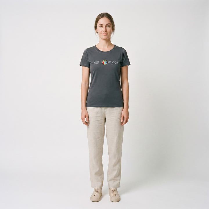 A female model wearing a charcoal grey short-sleeve round-neck t-shirt with &