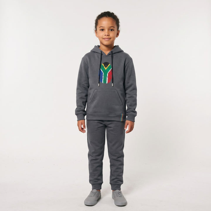 Charcoal grey hoodie featuring a vibrant South African flag thumbprint graphic on the front. Comfort-fit hooded sweatshirt.