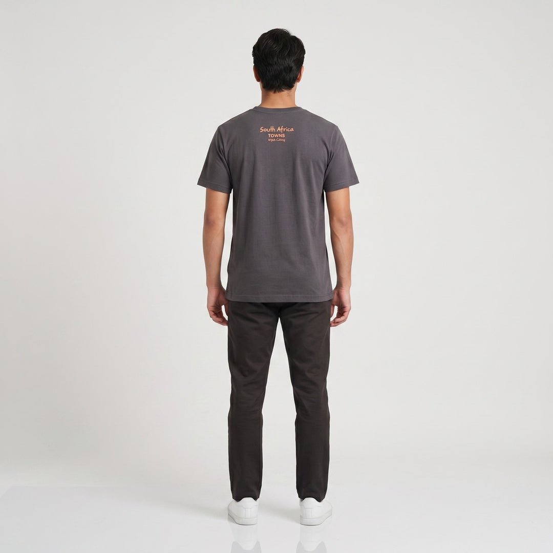 A charcoal grey Towns T-shirt for men, featuring an orange &