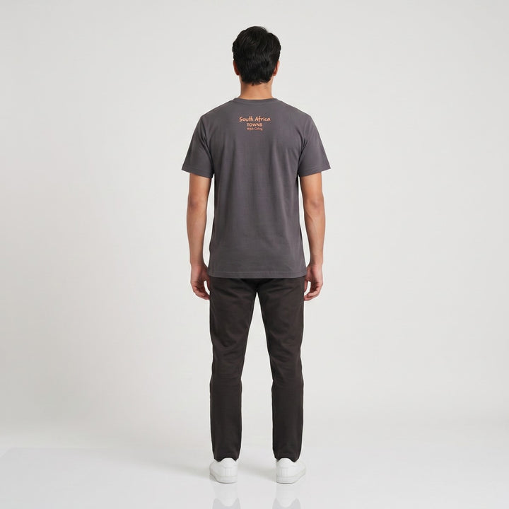 A charcoal grey Towns T-shirt for men, featuring an orange &