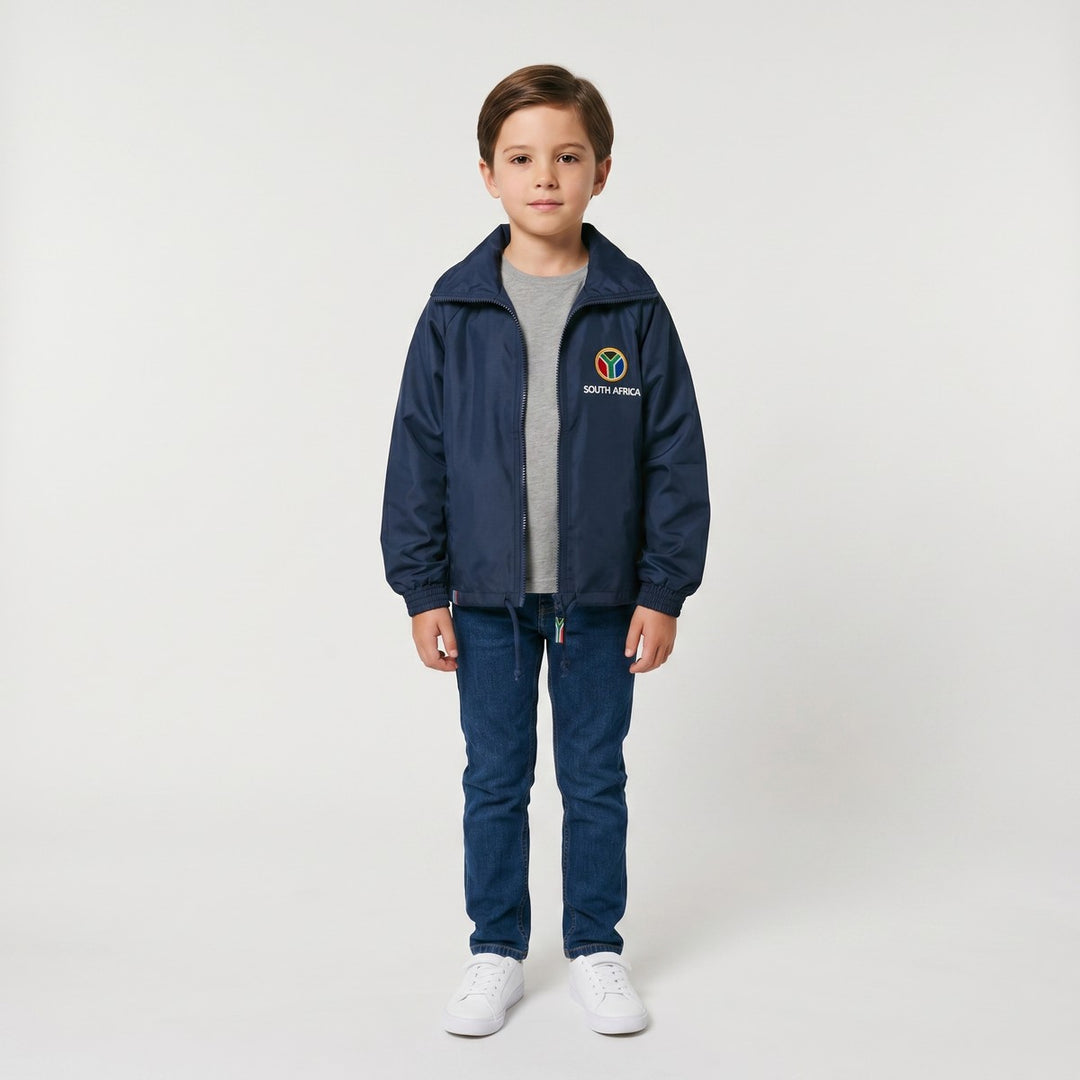 Blue Drimac full-zip jacket, presented from the front. Features a South Africa logo emblem on the chest. Ideal for kids.