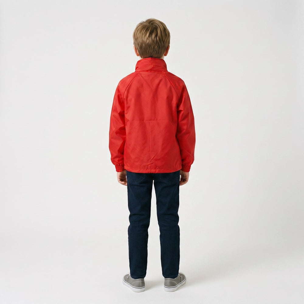 Red Drimac jacket, back view, made of a lightweight, possibly waterproof, fabric with a drawstring hem and elastic cuffs.