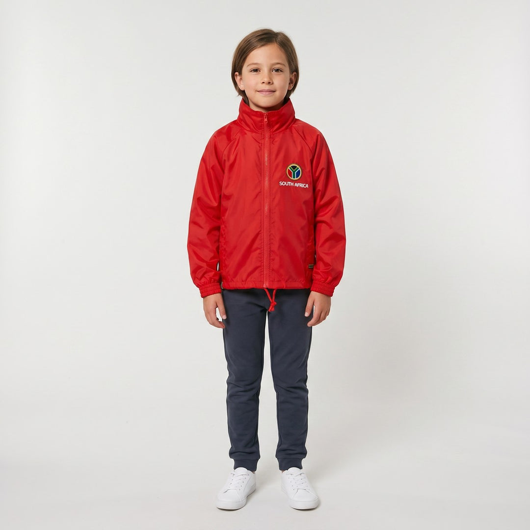 Red Drimac Jacket, a lightweight full-zip windbreaker with a stand-up collar and a prominent South Africa logo. Front view.