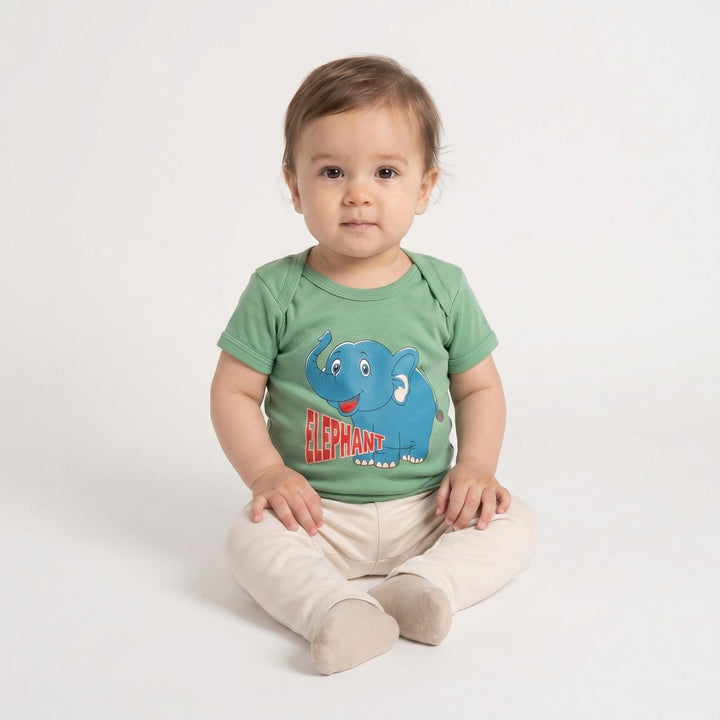 Elephant T-Shirt Green with short sleeves and front blue elephant graphic print, shown from the front.