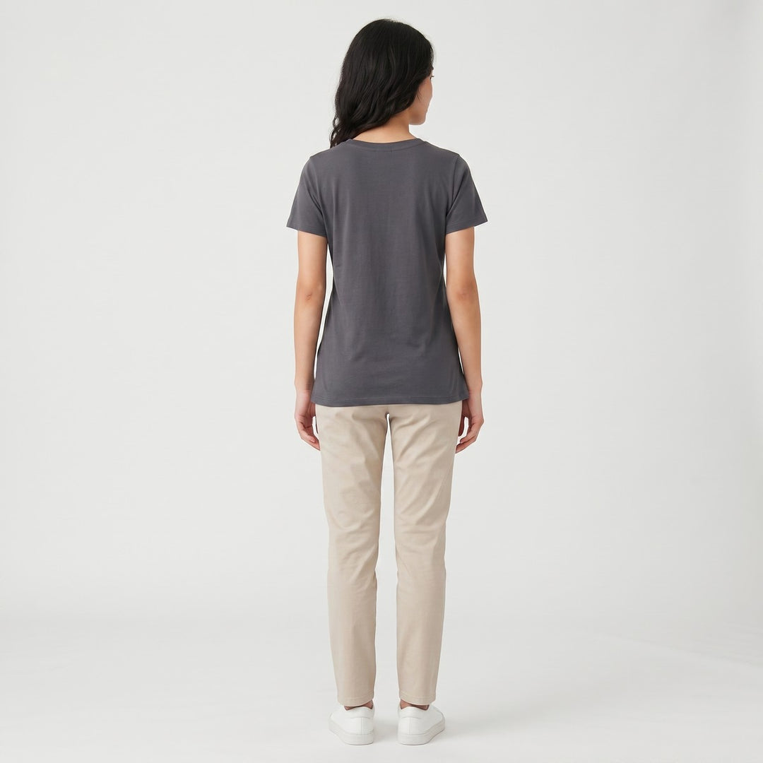 Charcoal Embroidery Print T-Shirt for women, visible from the back, worn by a model standing naturally, paired with