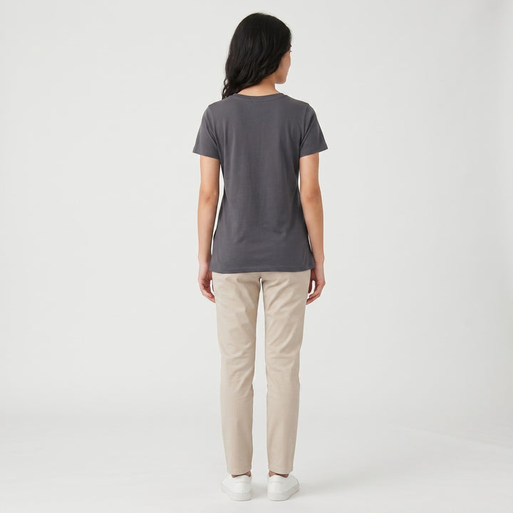 Charcoal Embroidery Print T-Shirt for women, visible from the back, worn by a model standing naturally, paired with