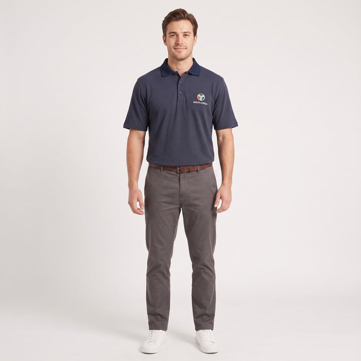 Navy birdseye knit Golfer SA polo shirt for men, featuring a classic collar, short sleeves, and an embroidered logo,